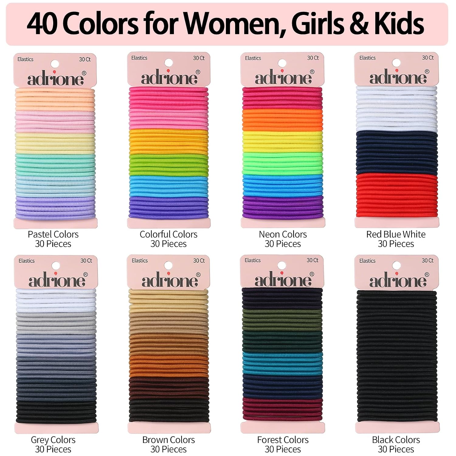 A large pack of 288 ADRIONE colorful hair ties, featuring a wide array of 40 different vibrant colors.