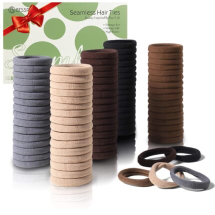 A pile of 100 brown seamless elastic hair ties, soft and stretchy, ideal for women and girls with all hair types.
