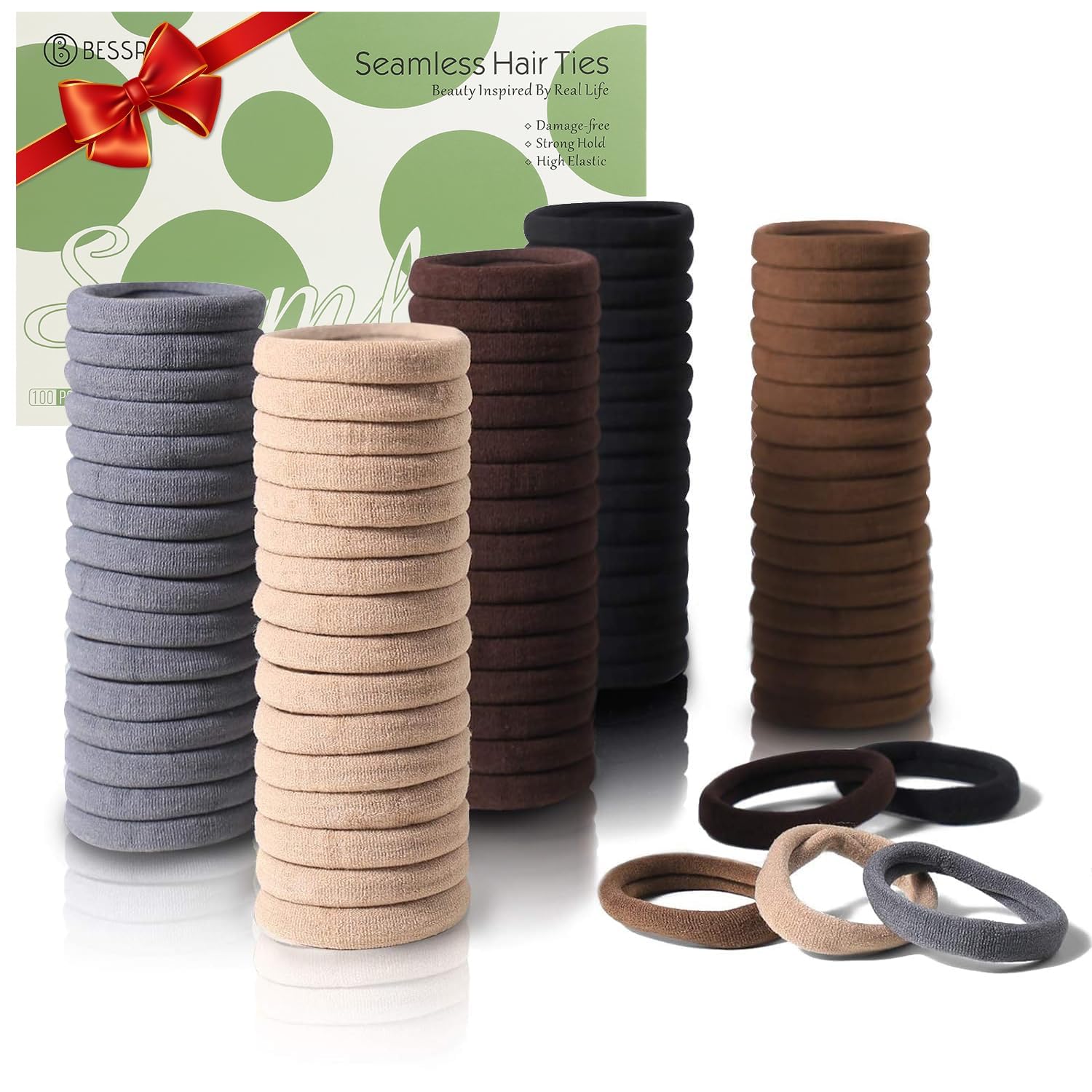 Version 1.0.0 A pile of 100 brown seamless elastic hair ties, soft and stretchy, ideal for women and girls with all hair types.