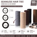 A pile of 100 brown seamless elastic hair ties, soft and stretchy, ideal for women and girls with all hair types.