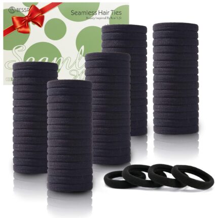 A pile of 100 black Bessrung seamless elastic hair ties, suitable for all hair types, on a clean background.