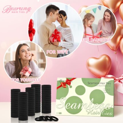 A pile of 100 black Bessrung seamless elastic hair ties, suitable for all hair types, on a clean background.