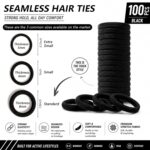 A pile of 100 black Bessrung seamless elastic hair ties, suitable for all hair types, on a clean background.