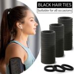 A pile of 100 black Bessrung seamless elastic hair ties, suitable for all hair types, on a clean background.