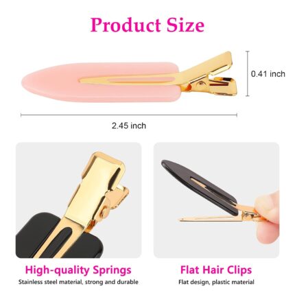 Set of six D creaseless hair clips in black, pink, and white with golden handles, arranged on a surface.