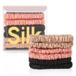 Set of six DEMAZALO silk hair scrunchies in black, coffee brown, and rose pink, neatly arranged.