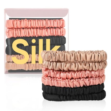Set of six DEMAZALO silk hair scrunchies in black, coffee brown, and rose pink, neatly arranged.