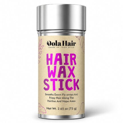 Dolahair Hair Wax Stick for sleek hairstyles, showing the product in hand smoothing down flyaway hairs.