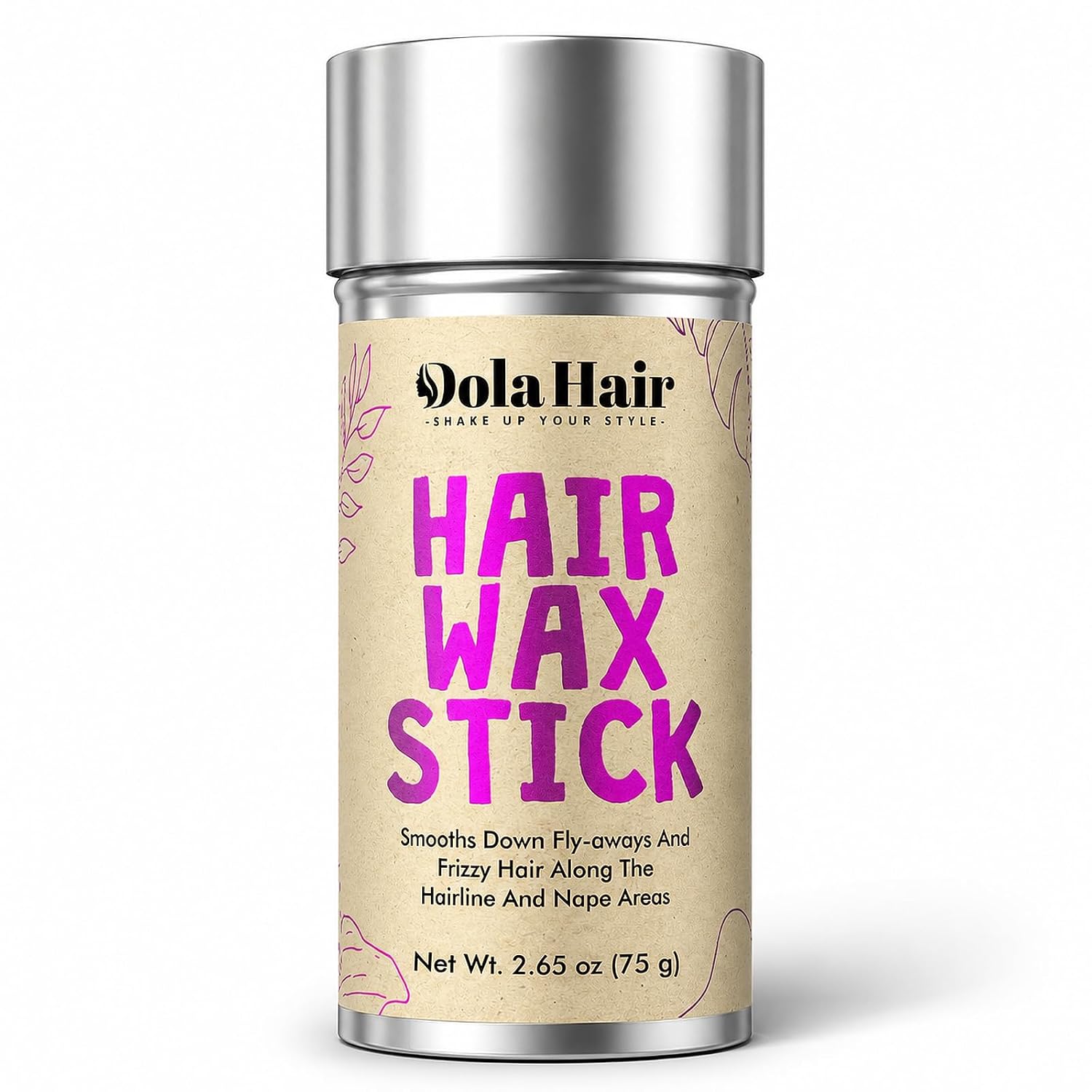dolahair-hair-wax-stick-for-flyaways-slick-back-styles-peach-scent-2-7-fl-oz-01 Dolahair Hair Wax Stick for sleek hairstyles, showing the product in hand smoothing down flyaway hairs.