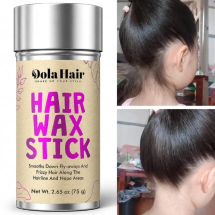 Dolahair Hair Wax Stick for sleek hairstyles, showing the product in hand smoothing down flyaway hairs.