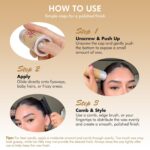 Dolahair Hair Wax Stick for sleek hairstyles, showing the product in hand smoothing down flyaway hairs.
