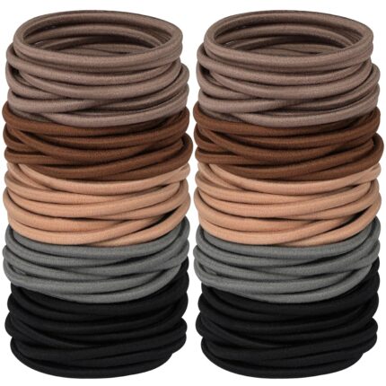 A pile of assorted B (120 PCS) multicolored Hageolan hair ties, showcasing their thickness and elasticity.