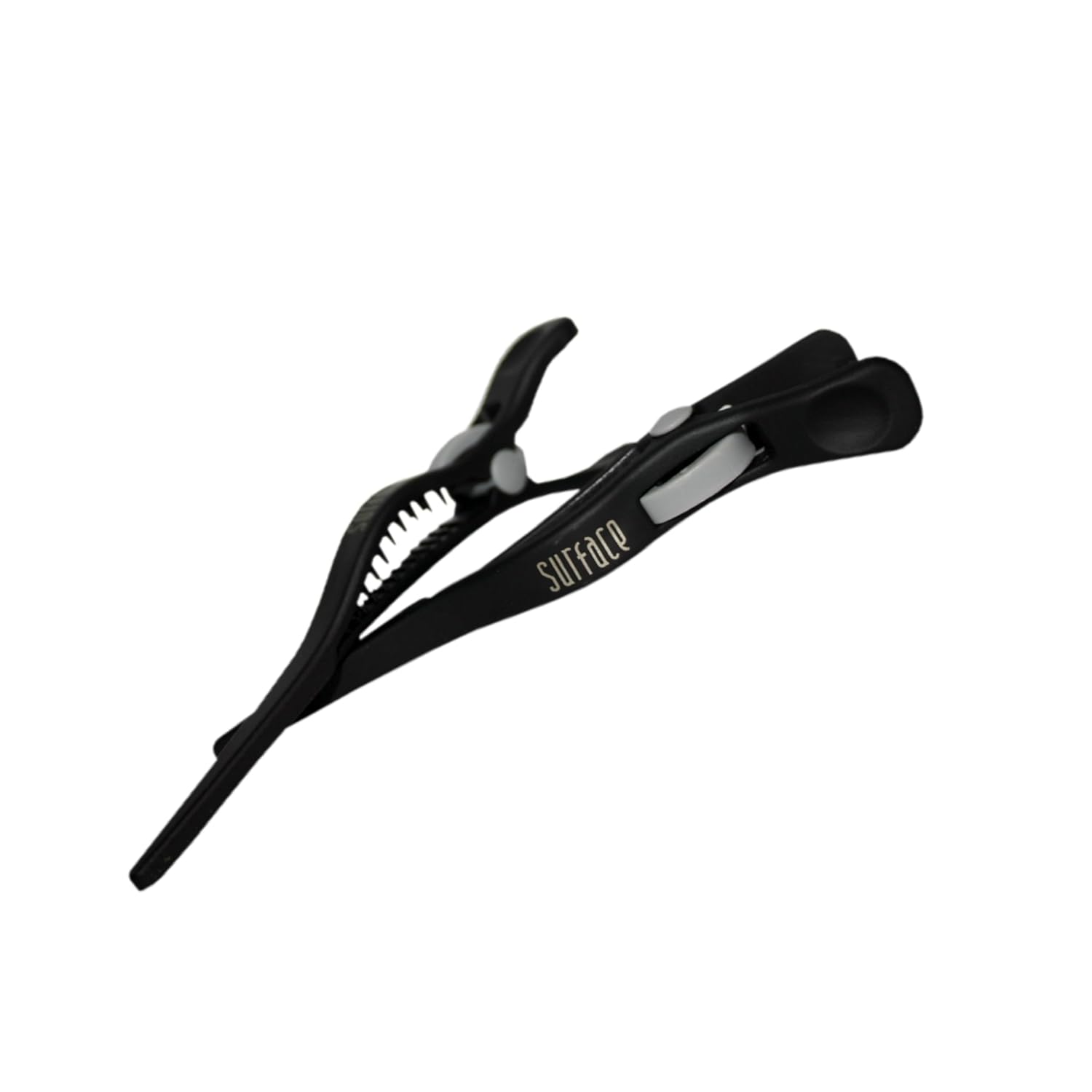 hair-cushion-grip-clips-professional-non-slip-sectioning-clips-2-pack-01 Two black cushion grip hair clips, designed for professional sectioning and styling, shown against a neutral background.