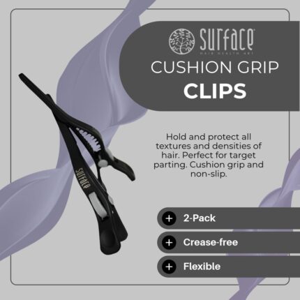Two black cushion grip hair clips, designed for professional sectioning and styling, shown against a neutral background.