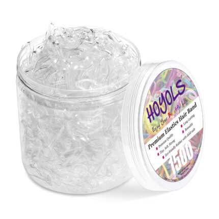 A clear, round container filled with 1500 transparent mini elastic hair ties, suitable for various hairstyles.