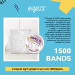 A clear, round container filled with 1500 transparent mini elastic hair ties, suitable for various hairstyles.