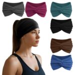 Set of six HSEM wide headbands in gray, burgundy, green, black, coffee, and navy, neatly stacked.