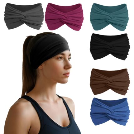 Set of six HSEM wide headbands in gray, burgundy, green, black, coffee, and navy, neatly stacked.