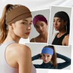 Set of six HSEM wide headbands in gray, burgundy, green, black, coffee, and navy, neatly stacked.