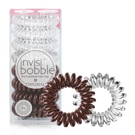 An 8-pack of invisibobble Original spiral hair ties, four in crystal clear and four in pretzel brown, displayed.