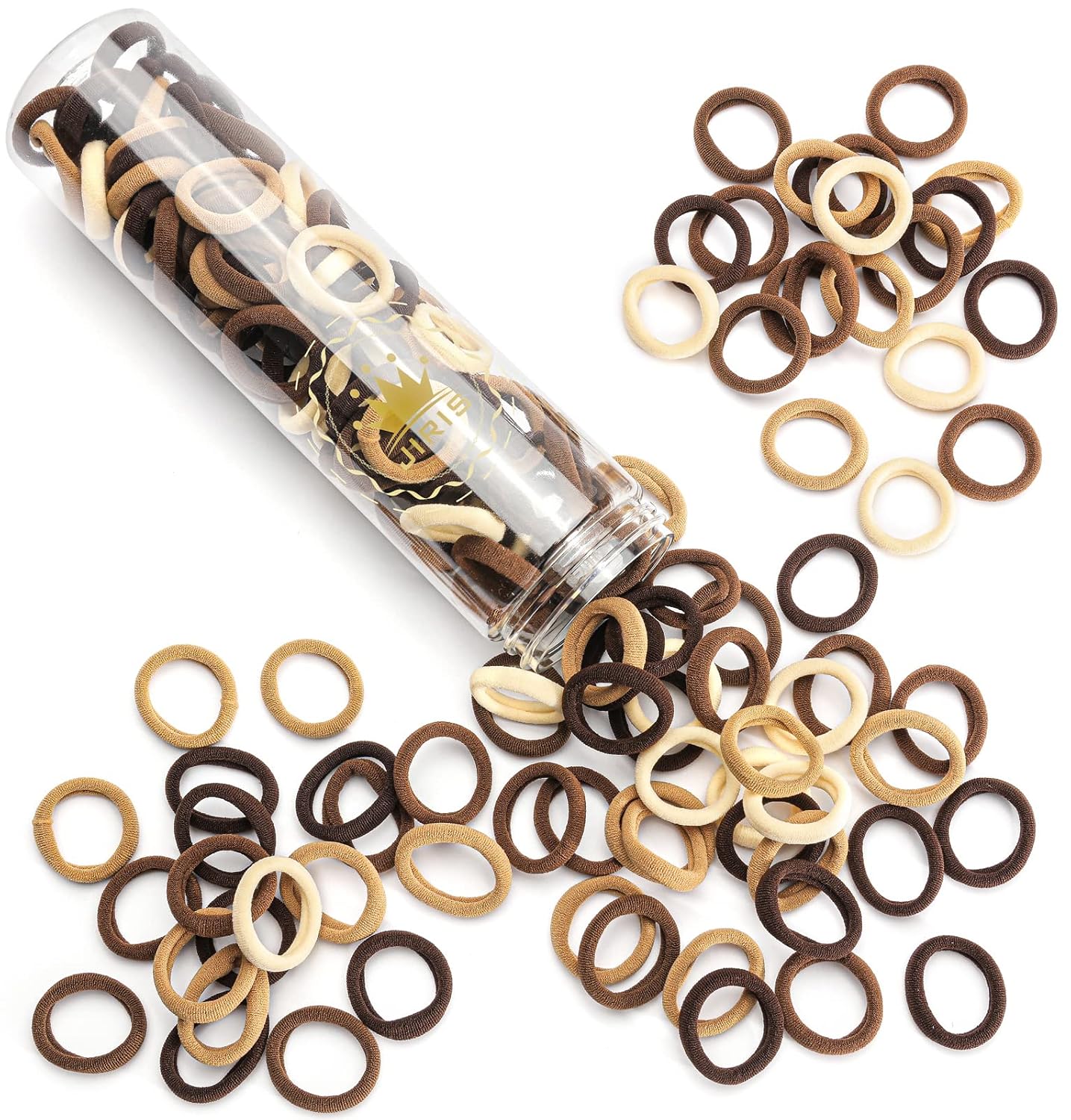 jiris-100-count-brown-cotton-seamless-hair-ties-for-ponytails-01 A pile of 100 brown, seamless cotton hair ties, showcasing their soft texture and elasticity.
