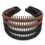 Four multi-colored zig zag headbands for women, shown in a pack, designed for non-slip hair styling.