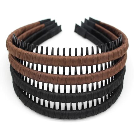 Four multi-colored zig zag headbands for women, shown in a pack, designed for non-slip hair styling.