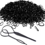A clear plastic container filled with 2000 small black elastic hair ties, with two pink Topsy Tail hair styling tools visible