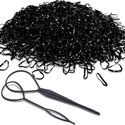 A clear plastic container filled with 2000 small black elastic hair ties, with two pink Topsy Tail hair styling tools visible