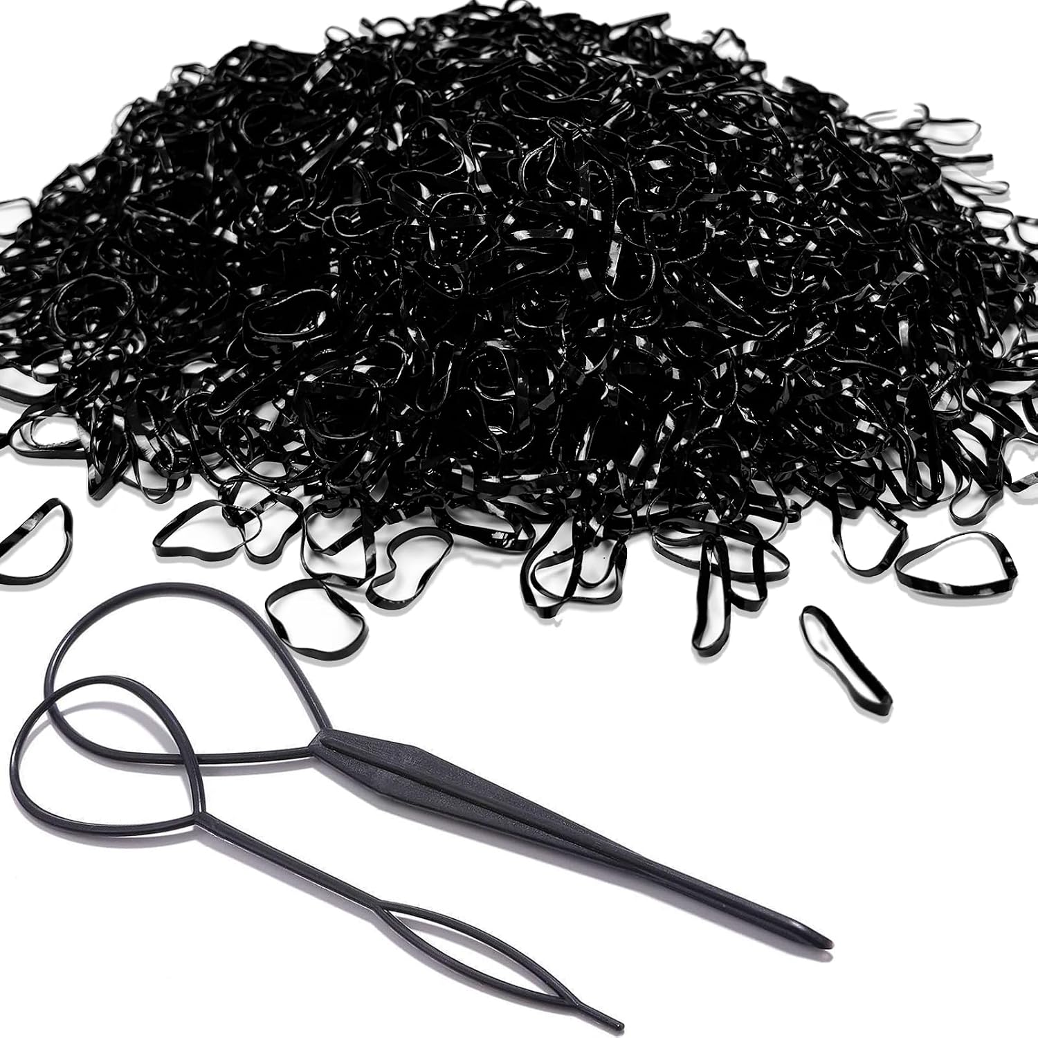 missjojiay-2000-black-mini-hair-ties-2-topsy-tail-tools-for-girls-01 A clear plastic container filled with 2000 small black elastic hair ties, with two pink Topsy Tail hair styling tools visible