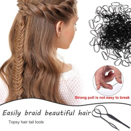 A clear plastic container filled with 2000 small black elastic hair ties, with two pink Topsy Tail hair styling tools visible