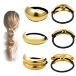Set of six gold metal hair cuffs in various geometric designs on a white background, suitable for ponytails and updos.