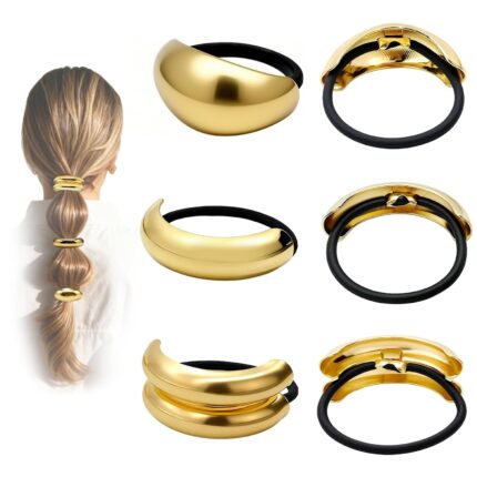 Set of six gold metal hair cuffs in various geometric designs on a white background, suitable for ponytails and updos.