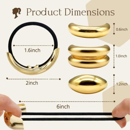 Set of six gold metal hair cuffs in various geometric designs on a white background, suitable for ponytails and updos.