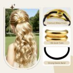 Set of six gold metal hair cuffs in various geometric designs on a white background, suitable for ponytails and updos.