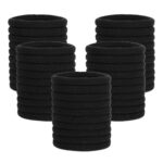 A close-up view of a pile of black, seamless, thick elastic hair ties, suitable for ponytails and various hairstyles.