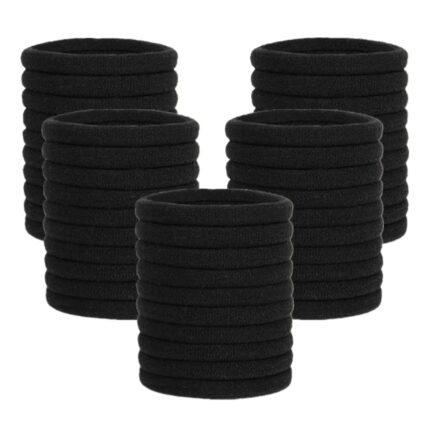 A close-up view of a pile of black, seamless, thick elastic hair ties, suitable for ponytails and various hairstyles.