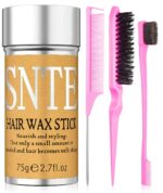 A girlish pink Samnyte hair wax stick with a pink slick back brush, a rat tail comb, and an edge brush.