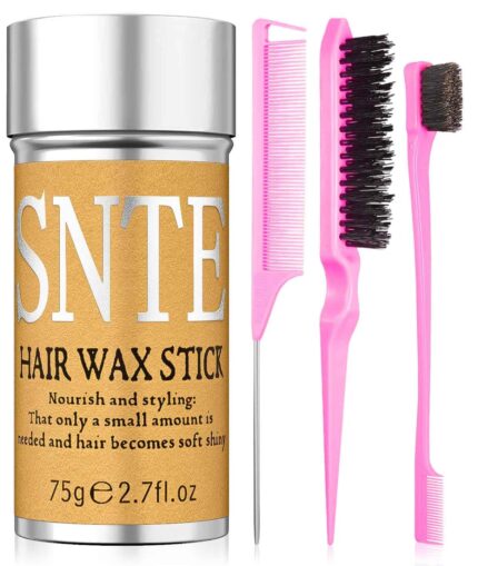 A girlish pink Samnyte hair wax stick with a pink slick back brush, a rat tail comb, and an edge brush.