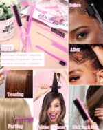 A girlish pink Samnyte hair wax stick with a pink slick back brush, a rat tail comb, and an edge brush.