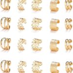 Close-up of 20 gold metal alloy hair braid clips and non-piercing ear clips in various decorative styles.