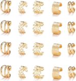 Close-up of 20 gold metal alloy hair braid clips and non-piercing ear clips in various decorative styles.