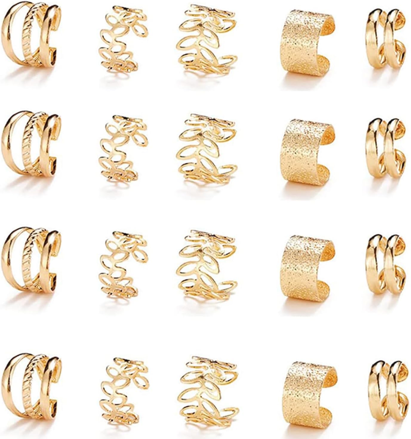songjie-20-piece-gold-braid-jewelry-set-for-hair-beards-01 Close-up of 20 gold metal alloy hair braid clips and non-piercing ear clips in various decorative styles.