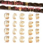 Close-up of 20 gold metal alloy hair braid clips and non-piercing ear clips in various decorative styles.