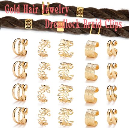 Close-up of 20 gold metal alloy hair braid clips and non-piercing ear clips in various decorative styles.