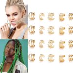 Close-up of 20 gold metal alloy hair braid clips and non-piercing ear clips in various decorative styles.